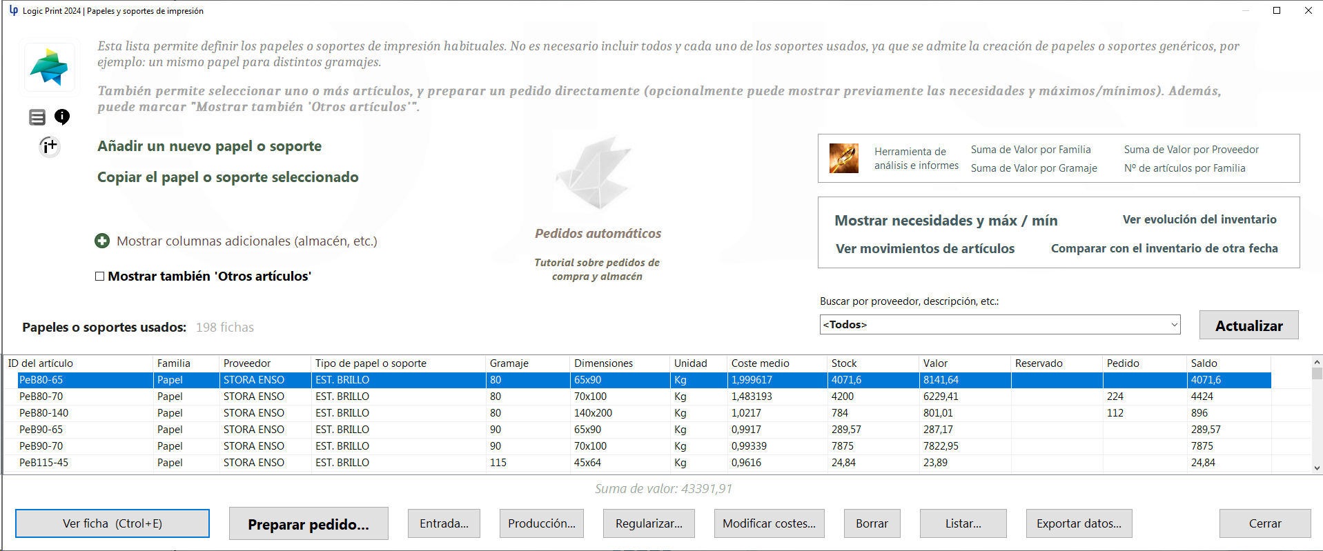 Pantalla del programa de presupuestos y gestión para las imprentas y las artes gráficas Logic Print