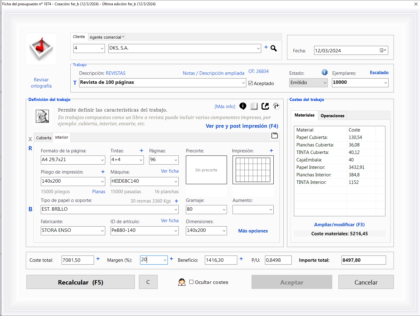 Una pantalla principal del módulo más usado del programa ERP de presupuestos y gestión para las imprentas y artes gráficas Logic Print
