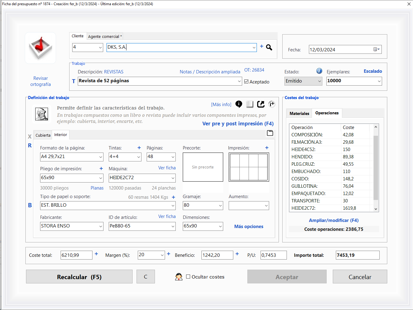 Una pantalla principal del módulo más usado del software ERP de presupuestos y gestión para las imprentas y artes gráficas Logic Print