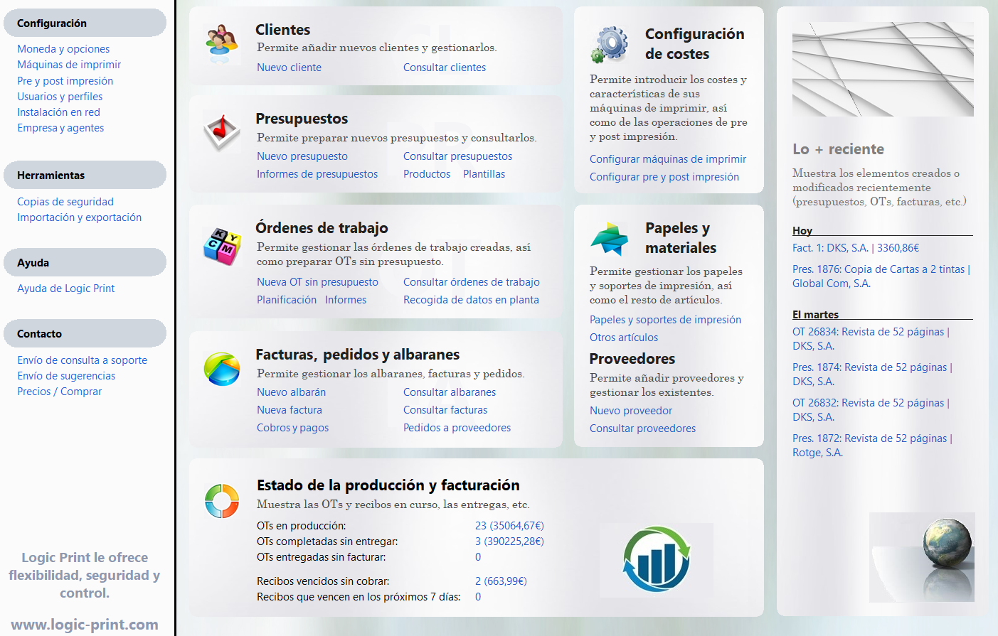 Pantalla principal del software ERP de presupuestos y gestión para las imprentas y artes gráficas Logic Print