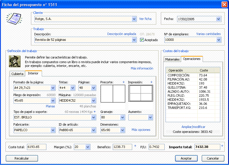 Pantalla del software de presupuestos para imprenta y artes gr�ficas Logic Print